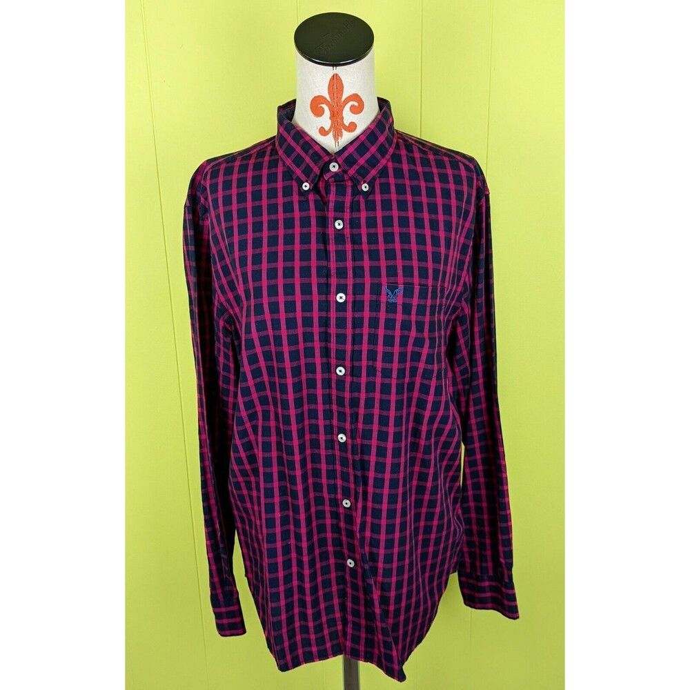 American Eagle Mens L Classic Fit Pink Black Plaid Button-Up Long Sleeve Shirt